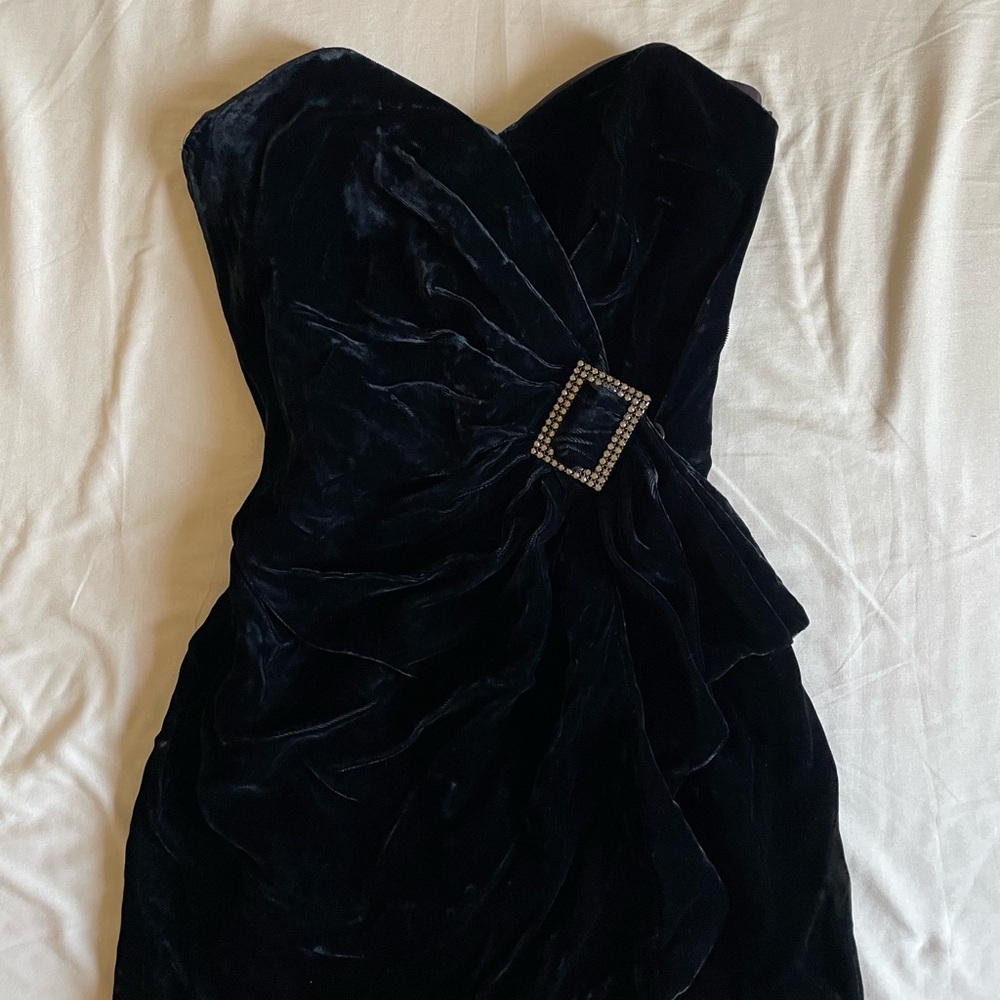 90s Y2K Vintage Black Crushed Velvet Strapless Mini Dress Rhinestone Women’s 4